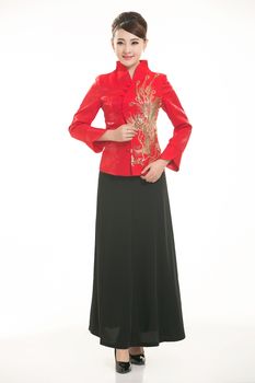 Wearing Chinese clothing waiter in front of a white background