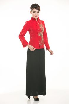 Wearing Chinese clothing waiter in front of a white background