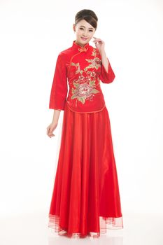 Wearing Chinese clothing waiter in front of a white background