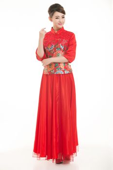 Wearing Chinese clothing waiter in front of a white background