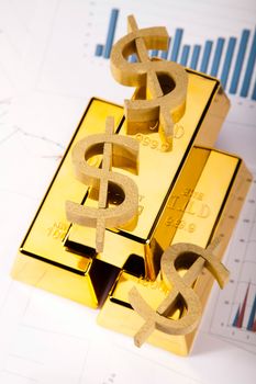 Gold bars with a linear graph, ambient financial concept