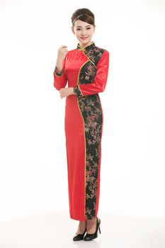 Wearing Chinese clothing waiter in front of a white background