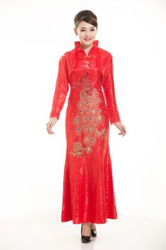 Wearing Chinese clothing waiter in front of a white background