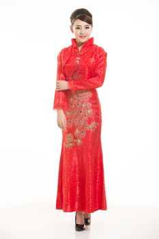 Wearing Chinese clothing waiter in front of a white background