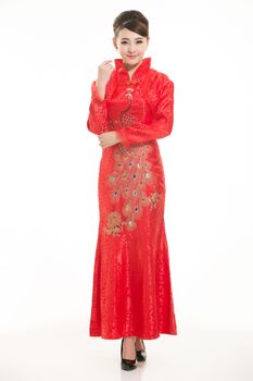 Wearing Chinese clothing waiter in front of a white background