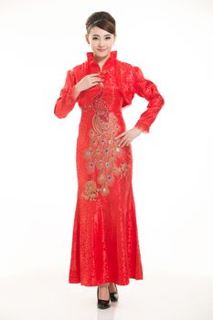 Wearing Chinese clothing waiter in front of a white background