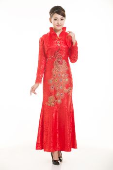 Wearing Chinese clothing waiter in front of a white background