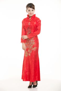 Wearing Chinese clothing waiter in front of a white background