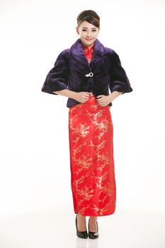 Wearing Chinese clothing waiter in front of a white background