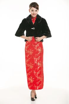 Wearing Chinese clothing waiter in front of a white background