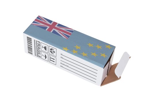 Concept of export, opened paper box - Product of Tuvalu
