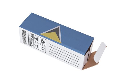 Concept of export, opened paper box - Product of Saint Lucia
