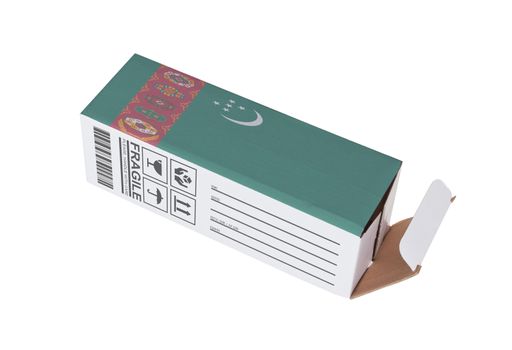 Concept of export, opened paper box - Product of Turkmenistan