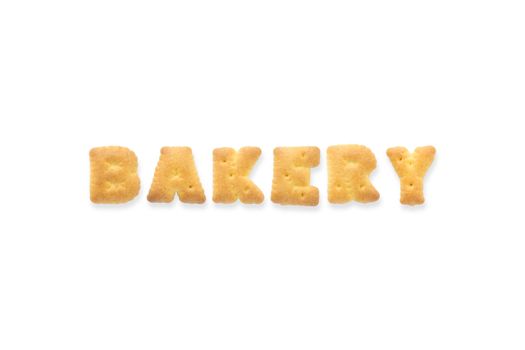 Collage of the character word BAKERY. Alphabet biscuit cracker isolated on white background