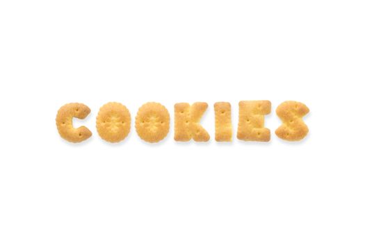 Collage of the text word COOKIES. Alphabet cookie cracker isolated on white background