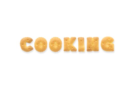 Collage of the uppercase letter-word COOKING. Alphabet cookie cracker isolated on white background