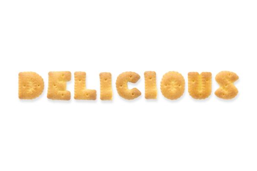 Collage of the capital  letter word DELICIOUS. Alphabet cookie biscuits isolated on white background
