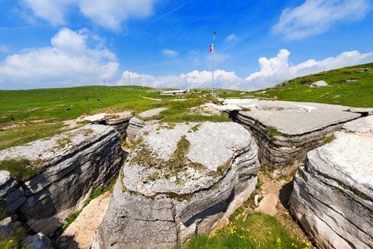 Ancient trenches of World war one in the Regional Natural Park of Lessinia, Veneto, Verona, Italy 