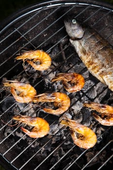 Grilling fish, bright colorful vivid theme
