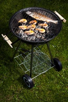 Grilling fish, bright colorful vivid theme