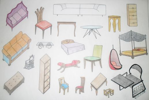 Assorted home furniture drawn by hand