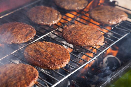 Grilling meat in flames, tasty dinner