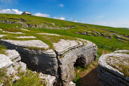 Ancient trenches of World war one in the Regional Natural Park of Lessinia, Veneto, Verona, Italy 