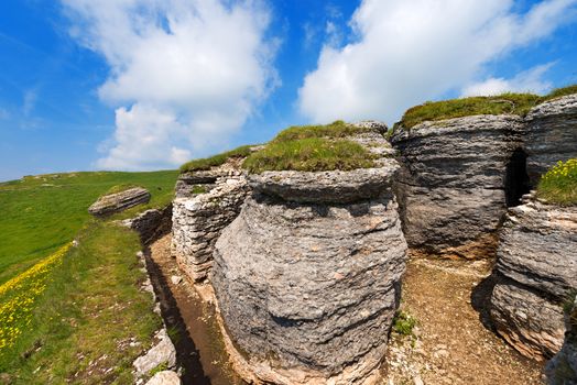 Ancient trenches of World war one in the Regional Natural Park of Lessinia, Veneto, Verona, Italy 