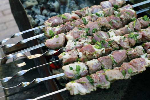 Prepared for roasting meat on skewers