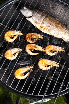Grilling fish, bright colorful vivid theme