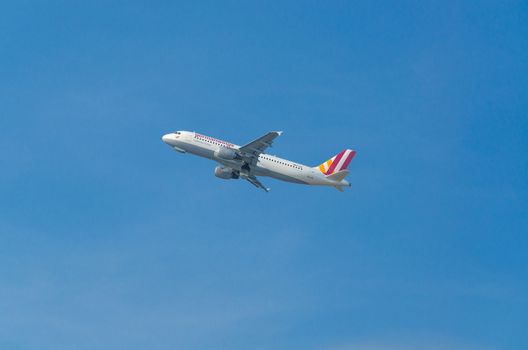 Dusseldorf, Nrw, Germany - March 18, 2015: German Wings Airbus A319 during the boot process at the Dusseldorf airport.