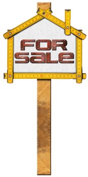 Yellow wooden meter ruler in the shape of house with text for sale. For sale real estate sign isolated on white background