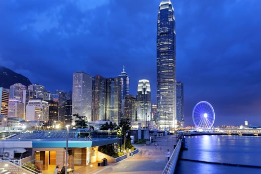 Hong Kong night view of skyline with reflections at victoria harbor