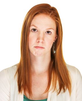 Isolated pouting red haired Caucasian female over white