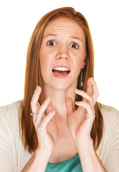 Isolated scared woman with red hair gesturing with hands