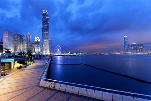 Hong Kong night view of skyline with reflections at victoria harbor