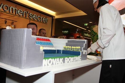Cake with the theme of tennis and figurine of Novak Djokovic at the show of Cake boss Buddy Valastro,the star of TLC channel, on 1 June 2015,in shopping center Usce in Belgrade,Serbia,promoting new programs and new season of the Cake boss tv show