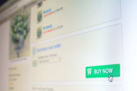 Mouse clicking "buy now" button on flowers website while online shopping
