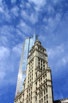 Wrigley Building and Trump Tower as seen from Michigan Avenue in Chicago.