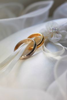 Wedding rings on a white satiny fabric