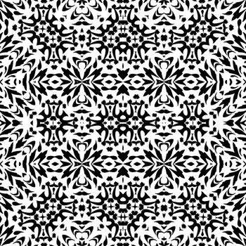 Seamless Floral Pattern, Black Contours Isolated on White Background. 