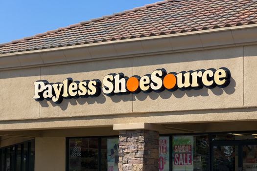 SANTA CLARITA, CA/USA - JUNE 1, 2015: Payless Shoe Source store exterior. Payless ShoeSource is an American discount footwear retailer.