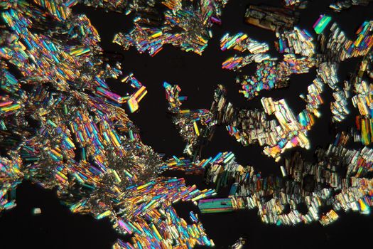 Alanine is a amino acid which occurs in the human body. The photo is made with a magnification of 100x and in polarized light. The sample is pure Alanine precipitated from a solution on a microscope slide.