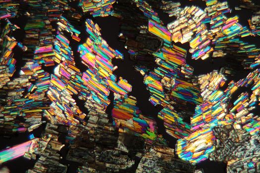 Alanine is a amino acid which occurs in the human body. The photo is made with a magnification of 100x and in polarized light. The sample is pure Alanine precipitated from a solution on a microscope slide.