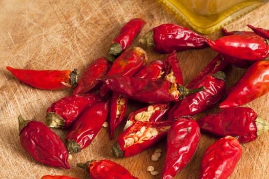 red hot chili peppers on a cutting board with olive oil