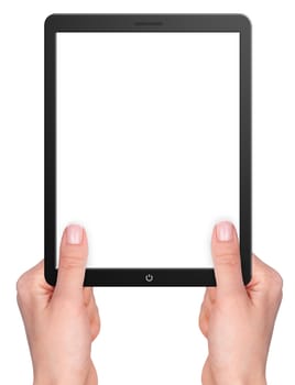 Modern computer tablet with hands. Isolated on white background