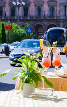 Close up of fruits cocktail on the table