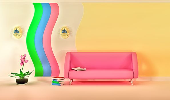empty sunny stylish minimalist modern living room with pink sofa, sconce and pink flower