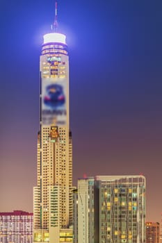 BANGKOK, THAILAND - MAY 4: The highest building of Thailand, names "Baiyok tower" in business city area at night, high angle bird eyes view in Bangkok, Thailand on May 4, 2015