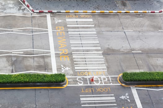 zebra crossing, on urban asphalt road for passenger or people and transportation at night time, top view